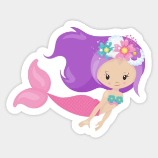 Cute Mermaid, Little Mermaid, Flowers, Purple Hair Sticker